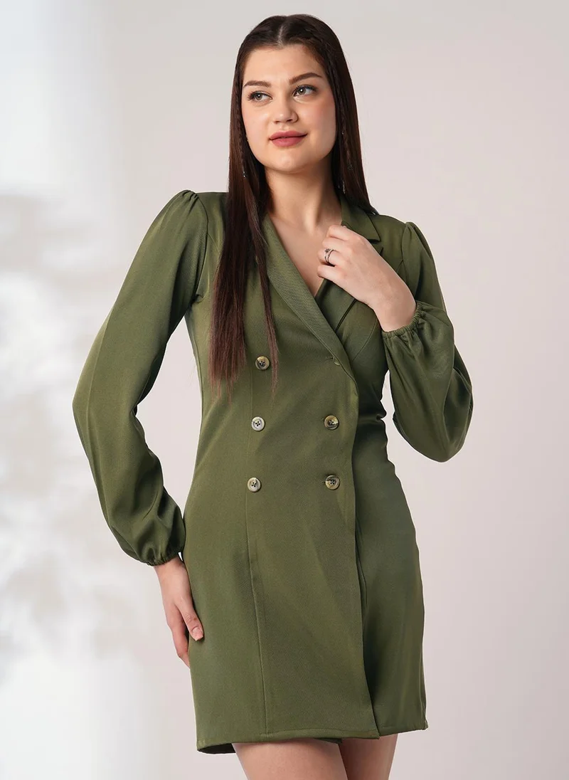 globus Globus Women Green Peak Lapel Bishop Sleeves Button Detail Mini Workwear Blazer Dress
